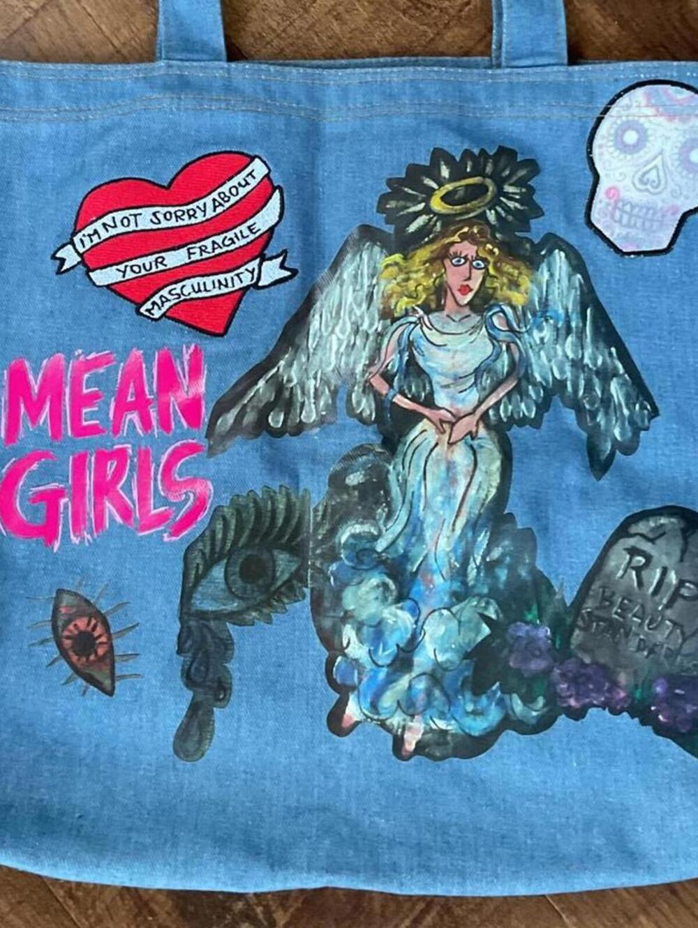 New Handmade Themed Denim Tote Bag with Artistic Prints